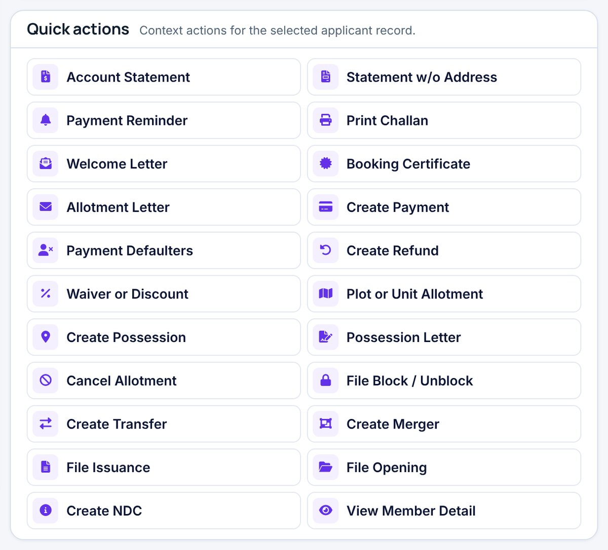 Quick actions in Real Estate Builders CRM — real screen from the app